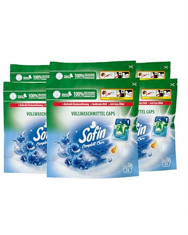 Sofin Vollwaschmittel Caps 144 Stk. - Universal Waschmittel Caps für kraftvolle Textil-Reinigung von Weiß- und Buntwäsche, Frische & schöne Kleidung. Bundle für 144 Waschladungen.