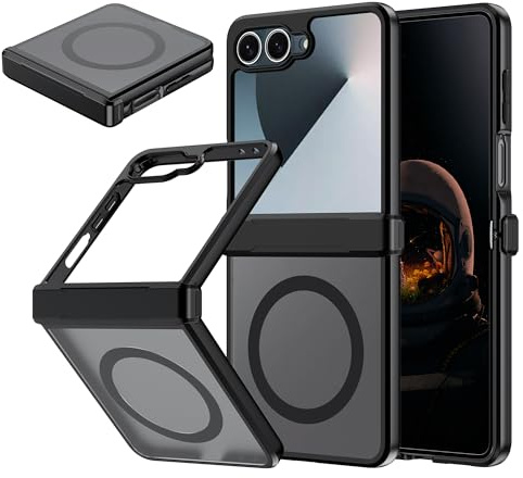 zZjoOoj Matte Mobile Phone Hülle for Samsung Galaxy Z Flip 7 with Center Axis Protection, Shockproof Magnetic Back Thin Case Translucent Protective Cover Case for Galaxy Z Flip 7 - Matt Schwarz