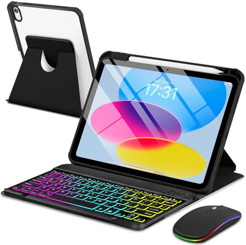 EAMPANG Custodia con tastiera e mouse per iPad A16 11a 10a generazione 11/11, tastiera rimovibile retroilluminata arcobaleno Cover magnetica girevole con portamatite per iPad 11 2025 10 Gen 2022 Nero