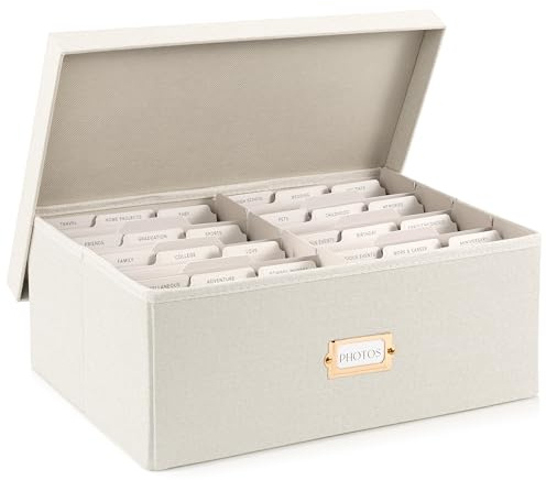 Decorative Photo Storage Box - Sturdy Linen Organizer Holds 1700 Photos