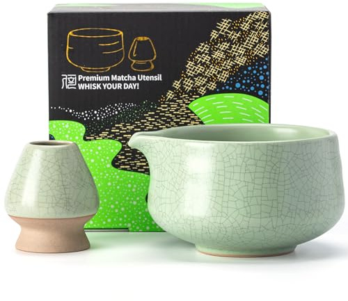 TEANAGOO Lot de 2 bols à matcha avec bec, bol à matcha en céramique et porte-fouet, 2 pièces Macha Chawan de 510 ml, vert clair mat avec couture noire avec support, bol à thé vert, coffret cadeau pour