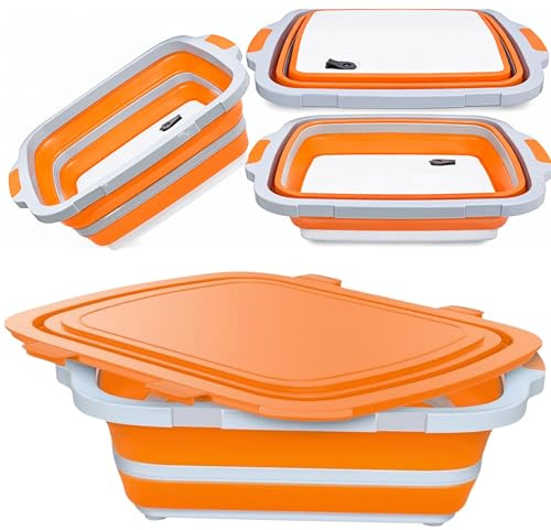 Premium Collapsible BBQ Prep Tub with Cutting Board, Locking Lid and Colander - Foldable Chopping Board, Washing Basin with Drainer, Multi-Purpose Camping Bowl