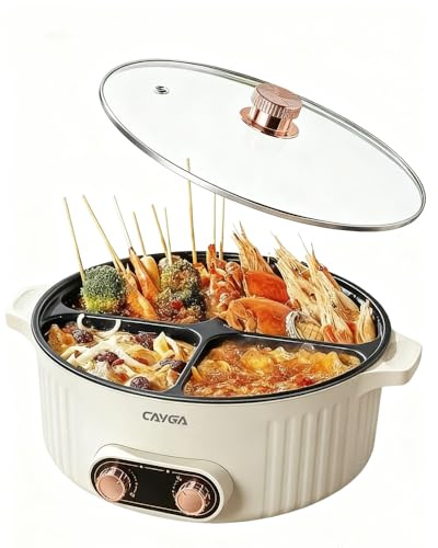 Electric Hot Pot Cooker with Divider, 4 Compartment Hotpot Pot, 2000W Shabu Shabu Pot Electric with Non-Stick, 5Qt Hot Pots for Indoor Cooking, Family Party