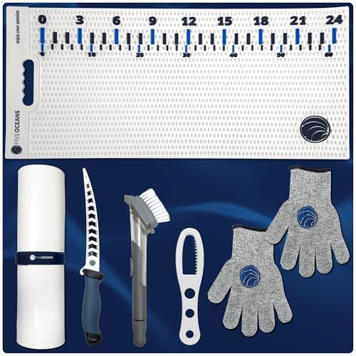 Five Oceans Fish Fillet Mat Kit 28x14, White – Complete Fish Cleaning Set with Knife, Cut-Resistant Gloves, Fish Scaling Tool & Scrubbing Brush for Home Kitchen, Patio BBQ & Outdoor Tables – FO4907