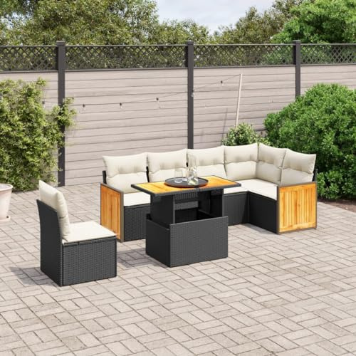 QJBSAVVA Lot de 7 meubles de jardin en rotin - Noir - 100 x 55 x 44/73 cm - Réglable en hauteur - Avec coussins amovibles - Groupe de sièges modulaires pour balcon, terrasse et jardin