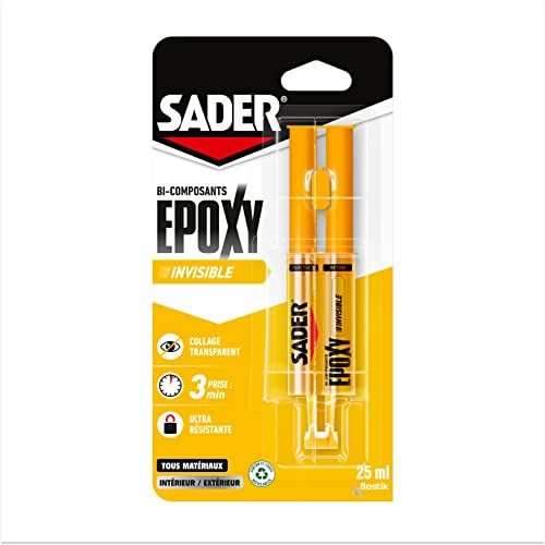 SADER - Colle Epoxy bi-composant Invisible - Colle forte et résistante - Collage Transparent - Tous Supports - Transparent - Seringue 25 ml
