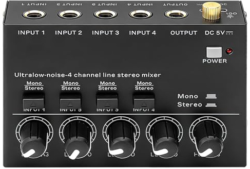 Mezclador de audio de 4 canales, mini mezclador estéreo activo, mesa de mezclas de audio, bajo ruido, control de volumen independiente, mesa de mezcla compacta para micrófonos, guitarras, bajos