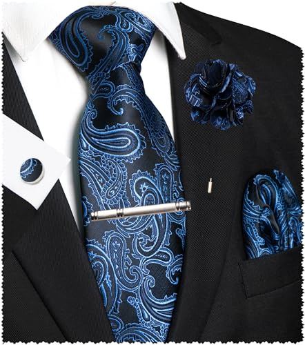 JEMYGINS Paisley Stickerei Design Krawatte Set Herren Einstecktuch Krawattenklammer Manschettenknöpfe Ansteckblume für Hochzeit Party Business Mehrfarbig Navy-Schwarzstreifen