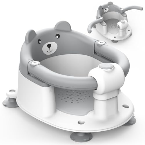 DESPOINA Badewannensitz Baby ab 6 Monate, Rutschfester Badesitz Baby, Tragbarer Badewannen mit 4 Saugnäpfen und Kissen, Klappbare Armlehnen, für Neugeborene oder Kleinkinder (Grau)
