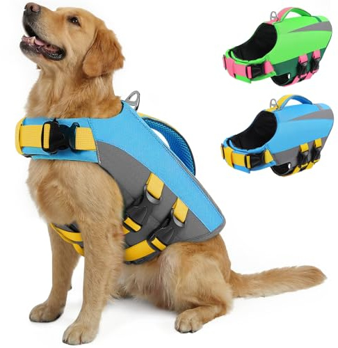 PUZAUKAL Schwimmweste Hund, Verstellbare Rettungsweste für Hunde - Blau L | Hundeschwimmweste Mittelgroße hunde mit Rettungsgriff & Reflektoren, Auffällige Farbkombination für Boot, See & Schwimmen