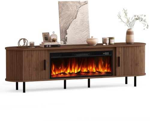 Quiniver 80 Curved Fluted TV Stand With Electric Fireplace Walnut