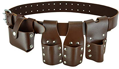 BBI LTD Scaffold Leather Tool Belt 5 PCS, 30''-48'' Brown, Includes 2 Spanner Frog, Level & Tape Holder