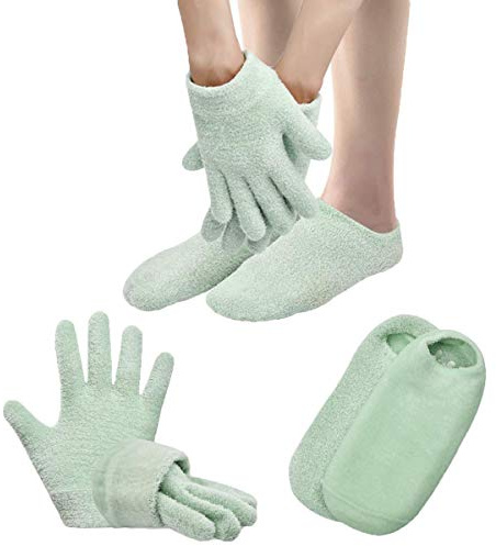 Moisturizing Socks and Gloves Overnight, Gel Gloves and Socks for Dry Cracked Feet Women & Hands Spa Treatment, Gel Lining Infused with Essential Oils and Vitamins(Green)