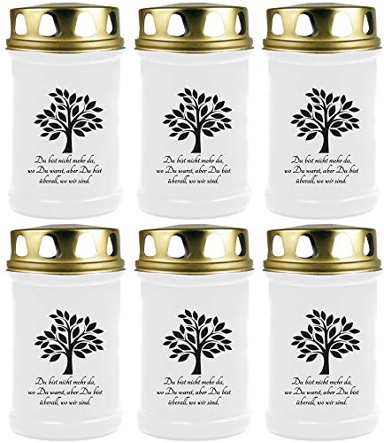 HS Candle Grabkerze - 6er Pack - (Weiß) Grablicht ca. 48h Brenndauer je Kerze - Motiv: Baum