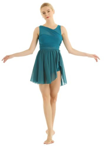 YOOJIA Damen Ballettkleid Chiffon Ärmellos Ballettkleidung Asymmetrisches Tanzkleid Latin Tango Tanz Kostüm Trikot Kleid Tanz-Body Gymnastikanzug Grün M