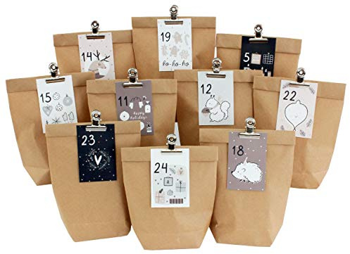 Papierdrachen Calendrier de l'Avent à remplir - 24 Sacs Cadeaux et 24 Cartes de Visite avec Chiffres et Clips en métal - Rose-Bleu - Bricolage - Noël