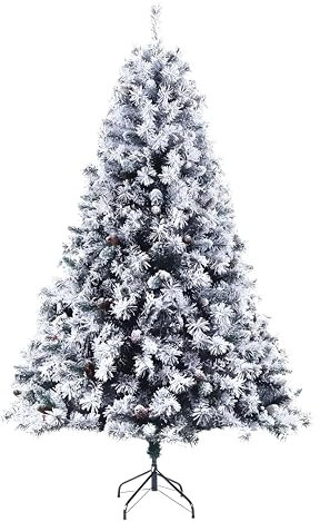 EVRE 8FT White Snow Flocked Artificial Christmas Tree 1500 Tips Xmas Pine Red Berries Metal Stand Fir Spruce Green Large Tree 240cm Hinged Branches Realistic Easy Assembly Indoor Holiday Decorations