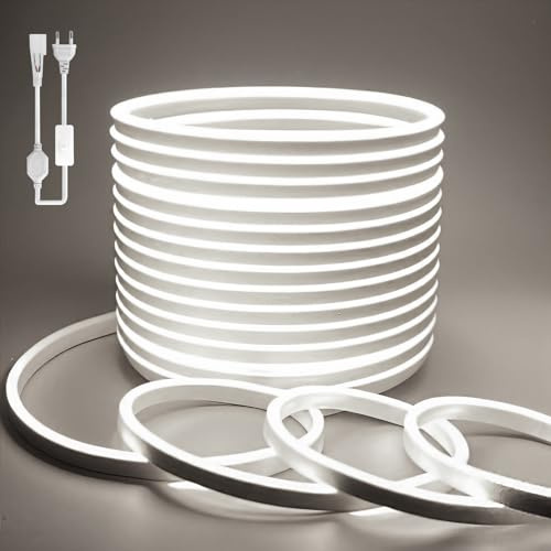 BAGZY Neon LED Streifen 20M Aussenbereich, Neon Wasserdicht Strip 230V Outdoor 120 LED/M Flexibler DIY Lichtband für Innen Weihnachtsfeier Aussenbereich,mit Netzteil und Controller (Weiß,20Meter)