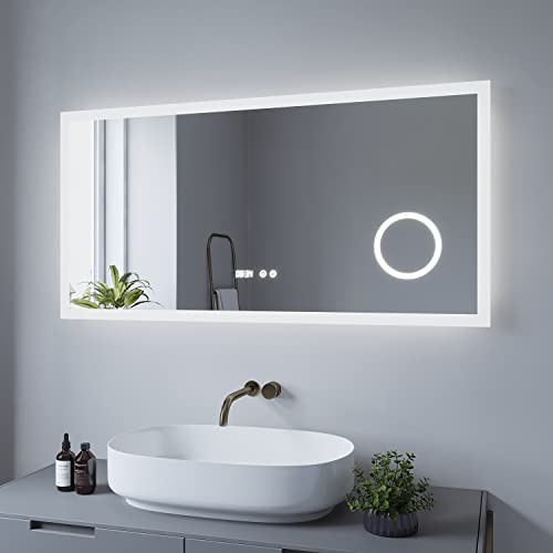 Miroir de Salle de Bain avec éclairage LED et Horloge, Miroir Mural avec éclairage LED,120x60cm ECHOS Type D | Blanc Froid 6400K, Anti-buée, Interrupteur Tactile dimmable, Horloge numérique, 3X loupe