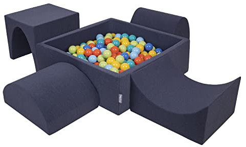 KiddyMoon Spielplatz Aus Schaumstoff Mit Quadrat Bällebad (300 Bälle) Ballgruben Für Babys Spielbad Hindernisläufen, Hergestellt In Der EU, Dunkelblau:Hellgrün/Orange/Türkis/Blau/Bblue/Gelb