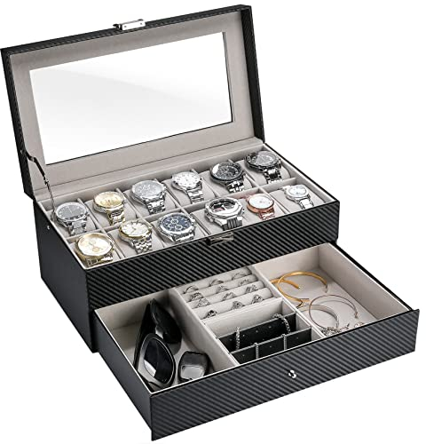 ProCase 2 Schichten Uhrenbox Schmuck Uhr Aufbewahrungsbox mit Glasdeckel, Uhrenkasten schmuckkästchen Uhrenkoffer 12 Fächer und 1 Schublade für Uhren, Ringe, Armbänder -Schwarz Stripe