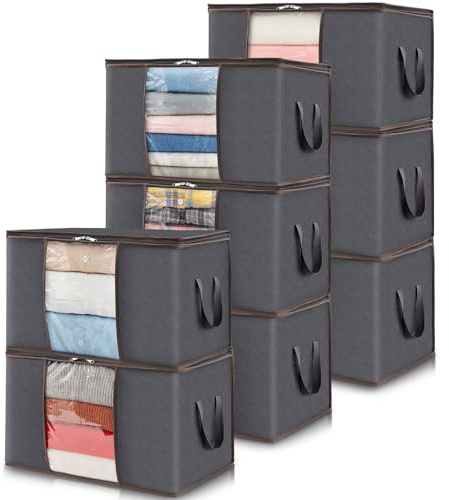 Lifewit 60L Aufbewahrungstasche Groß, Faltbare Kleideraufbewahrung 8 Stück | Aufbewahrungsbox mit Deckel, Umzugskartons, Kleiderschrank für Bettdecken, Kleidung, Unterbett, Kleiderschrank, Grau