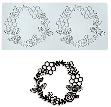 Stampi in silicone 3D a forma di foglia cava, nido d'ape, ape, caramelle, motivo floreale, decorazione per torte e zucchero (L_Bee_26,4 x 11,7 x 0,3 cm)