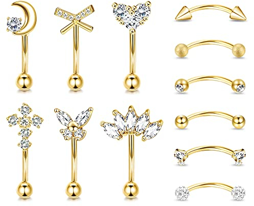 Dochais 12 Stück Piercing Augenbrauen Gold Piercing Curved Barbell Rook Piercings Ohr Bauchnabelpiercing Herz Mond Piercings Helix Conch Helix Daith 8mm 16G Schmuck für Damen Mädchen