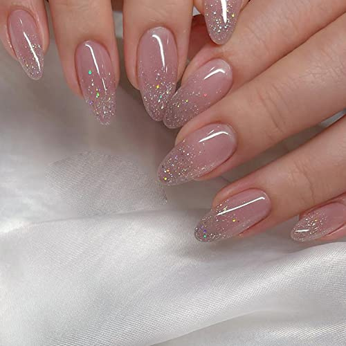 Almond False Nails, 24Pcs Glitter Pink Fake Nails, French Press on Nails, Glossy Nails Tips with Jelly Glue, Oval Stick on Nail for Women, Nails Fake Nail Medium for Nails Art(Pink)