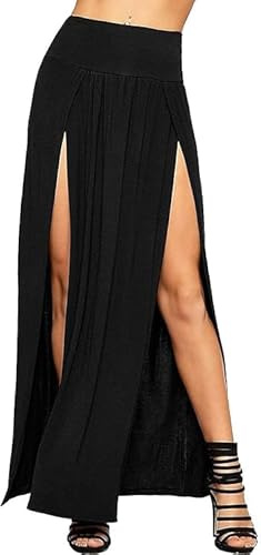 Crazy Fashion Womens High Waisted Long Skirts Double Side Split Plain Two Side Slit Jersey Stretch Maxi Skirt for Ladies-Black