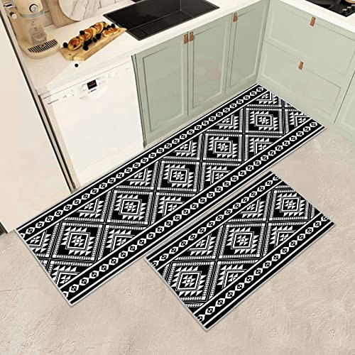 Küchenteppiche 2 Stück,Vintage rutschfest Waschbar Dauerhaft Küchenläufer Flurläufer, Anti-Müdigkeit Küchenteppich Teppich Läufer für Küche,Carpet für Badezimmer/Wohnzimmer Flur (A, 43x75+43x150cm)