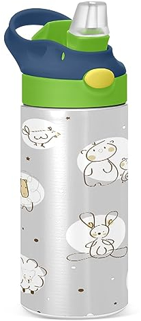 KAAVIYO Cute Rabbit Water Bottle Stainless Steel Insulated Vacuum Flask Leak Proof with Straw Brush Cup 350ML for Boys Girls Kids