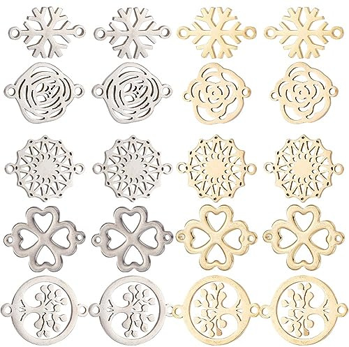 SUNNYCLUE 1 scatola 20 pezzi Ciondoli Connettori In Acciaio Inossidabile Connettori A Doppio Anello Ciondolo Albero Della Vita Collegamenti Ciondoli Fiore Rosa Fiocco di Neve Dorato Argento Ciondolo Q