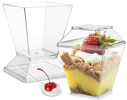 VIVIIHOO Dessertkoppar med lock - 50 stycken 2 ounces plast, återanvändbara för pudding och mousse - inklusive skedar, set med fyrkantiga festmuggar