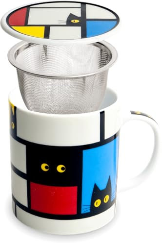 Lujo - Taza de té con filtro - Gato - Vaso de té de 300 ml - Taza de té grande con tapa - Porcelana - Vaso de té con filtro - Filtro de té - Juego de taza de té - Taza de té con colador y tapa - Taza