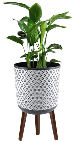 fuxuiwy 25,4 cm großer Blumentopf mit Beinen, moderner grauer Blumentopf mit Holzständer, große stehende Pflanzgefäße aus der Mitte des Jahrhunderts mit Drainagelöchern für drinnen und draußen,