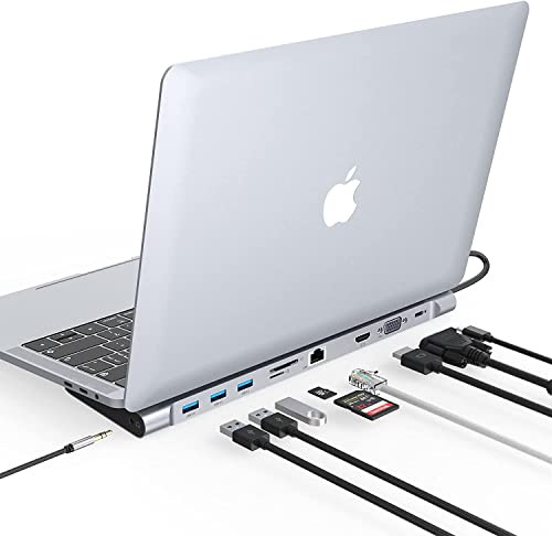 10 in 1 USB C Dock, USB C Multiport Hub Triple Display Laptop Hub Stand, USB C Adapter für MacBook & Windows (4K HDMI, VGA, PD 100W, Ethernet, SD/TF Card Slot, 3.5mm Audio, 3 USB Ports)