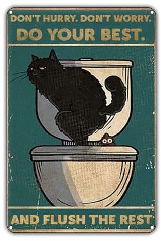 KONFEN Cartel de Chapa Gato Retro, Caca de Gato Cartel de Metal Póster Tin Sign Wall Decor, Letrero Artístico de Metal para Cuarto de Baño Aseo Puerta Casa Cafetería para Cat Lovers 12 x 8 Pulgadas