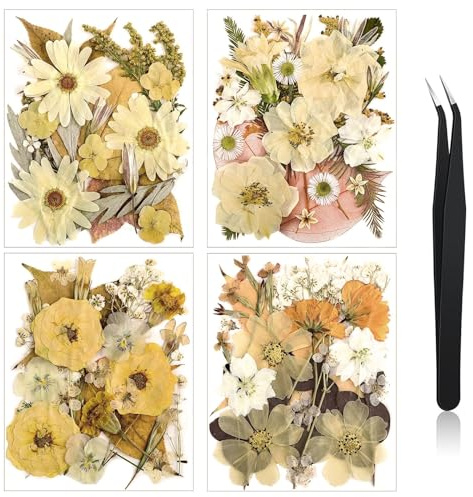 Nuanchu Pressed Flowers Bulk Dried Flower for Crafts, Dried Wildflowers Leave Natural with Tweezer for Resin Mold Scrapbooking Nail Soap Making DIY(Retro Style,Warm Color)