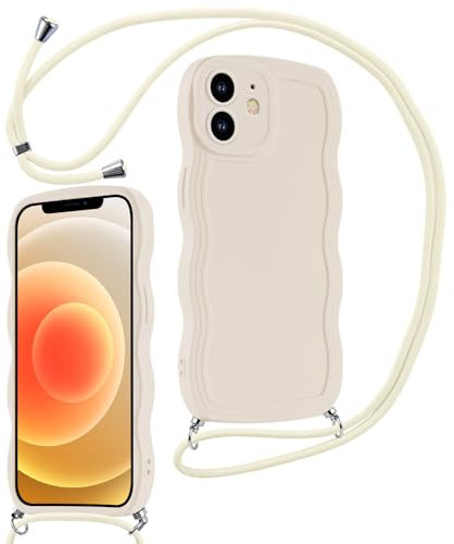 Coalbooliy Handykette für iPhone 12 mini Hülle 5,4 mit Band, Niedliche Lockige Wellen Rahmenform Silikon Stoßfeste Schutzhülle mit Kordel Umhängen Cover Slim Fit Weiche für Mädchen Frauen, Weiß