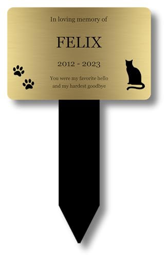 Personalised Pet Cat Memorial Stake, Grave Marker or Outdoor Decoration/Ornament for the Garden - Available in Silver/Gold/Copper/White (Various Designs) (Gold)