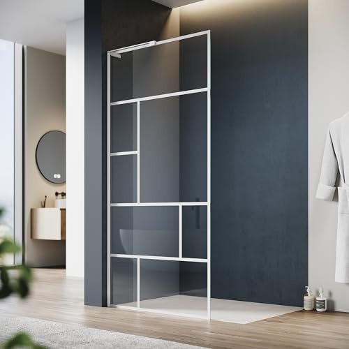 SONNI Walk-In Duschwand 100x200cm Weiß, 6mm Nano ESG mit weißem Grid-Design | 6 mm Nano-ESG mit weißem Grid-Design, L-förmiger Edelstahl-Stabilisator, rahmenlos und beidseitig montierbar