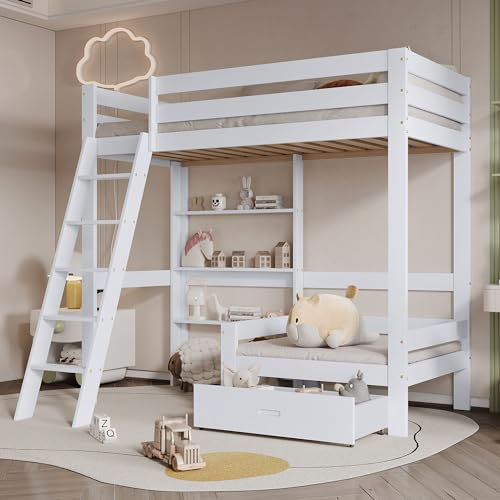 Kinderbett Etagenbett 90×200 mit Regalen und Schublade, Hochbett Stockbett mit Leiter und Sofa, Funktionsbett Jugendbett Holzbett mit Rausfallschutz und Lattenrost, Kiefernholz, Weiß, Ohne Matratze
