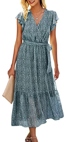 ASOMI Kleid Damen Sommer Boho: Blumen Herbst Wickelkleid Frühling Mode Lang Maxikleid V-Ausschnitt Casual Kurzarm Strandkleid Langarm Rüschen Freizeitkleid mit Gürtel 121 Dunkelgrün 36