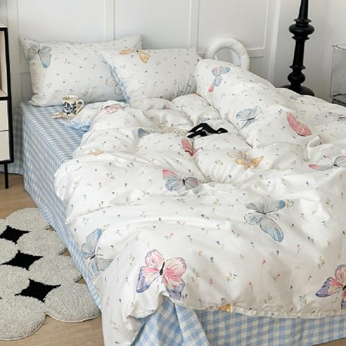 Bettwäsche 135x200 4Teilig Mädchen Kinder Blau Weiß Schmetterling Kariert | ÖKO-TEX Zertifiziert,Kinder WendeBettwäsche für Allergiker,Atmungsaktiv Bettbezug und 2 Kissenbezüge 80x80 mit Reißverschluss