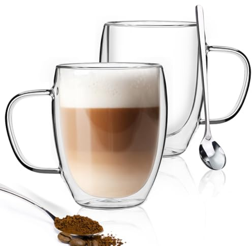 FULGNU Double Walled Glass Coffee Mugs, 18oz Glass Coffee Cup Set of 2, Double Insulated Coffee Mugs for Espresso, Cappuccino, Latte, Tea Bag, Hot Beverages