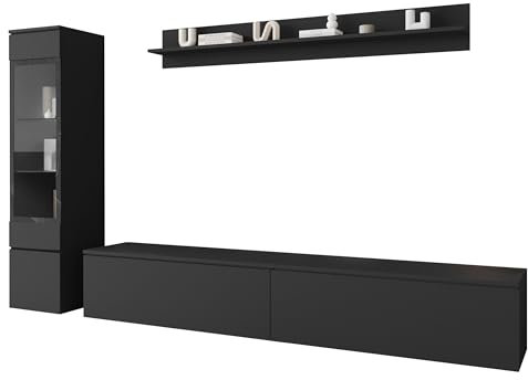 Mirjan24 Wohnwand Doppo I, Schrankwand, griffloses Öffnen, Fernsehschrank, Anbauwand, Mediawand, Wandregal, TV-Lowboard, Hängevitrine (Schwarzer Graphit, ohne LED Beleuchtung)