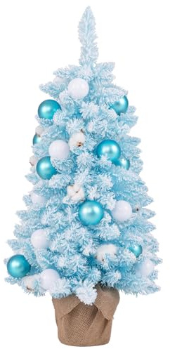 COSTWAY 90 cm Mini künstlicher Weihnachtsbaum Tisch, Tannenbaum klein mit Schnee & Zementbasis, Chirstbaum mit 136 Spitzen, 12 Wattekugeln & 24 Kugeln, Kunstbaum Dekobaum für Zuhause Büro (Blau)