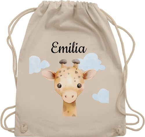 Turnbeutel Rucksack - Süße Giraffe personalisiert I Giraffen Geschenke I Geschenk für Kinder mit Name I Giraffe Kindermotiv I Geschenk mit Giraffen I Savannentier - Unisize - Naturweiß