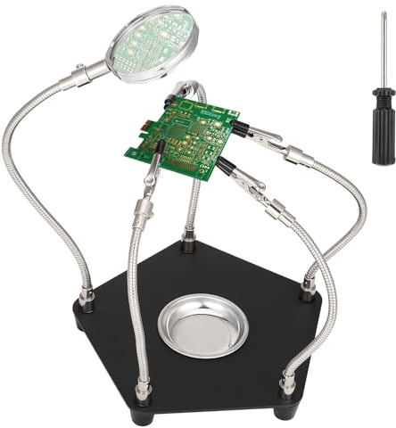 Soldadura de tercera mano con lupa, soporte para placa de circuito, juego de herramientas de soldadura profesional con 5 brazos flexibles, base de metal y bandeja de piezas para reparación electrónica